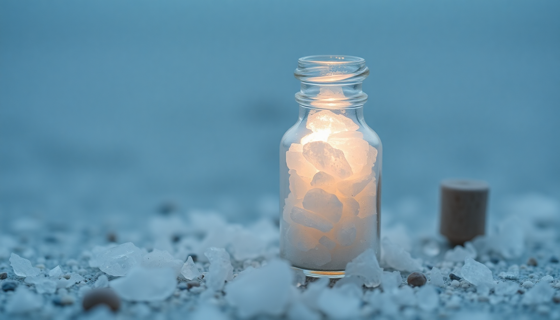 Glowing Glass Vial of Dead Sea Salt with it's cap off  sitting amidst flakes of dead sea salt 