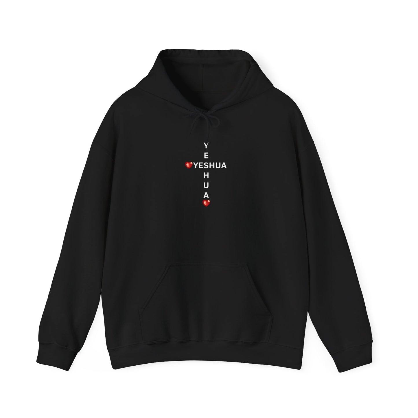 Yeshua Cross Hoodie with Red Jewel Hearts – Christian Faith Hoodie Inspired by Scripture