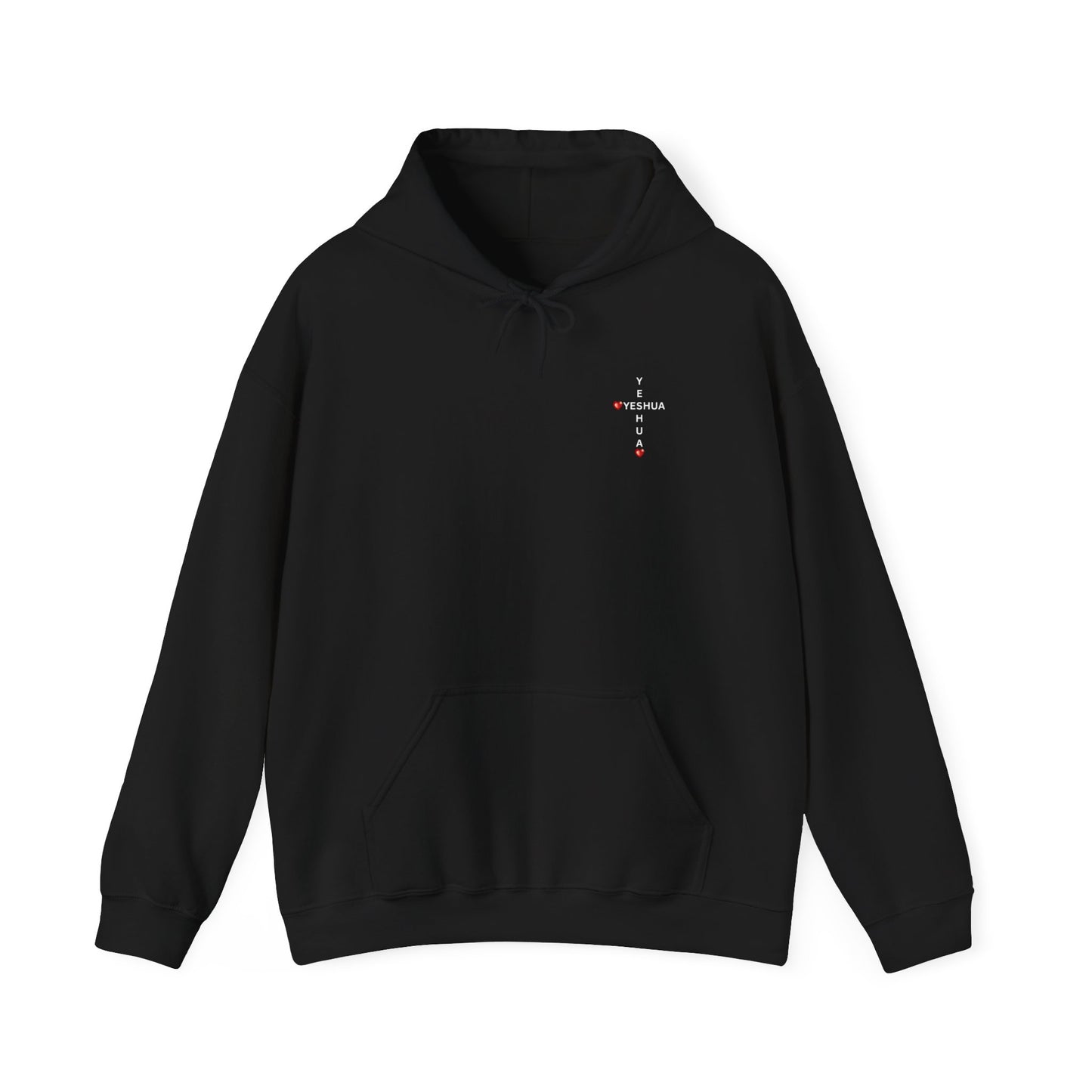 Yeshua Cross Hoodie with Red Jewel Hearts – Christian Faith Hoodie Inspired by Scripture