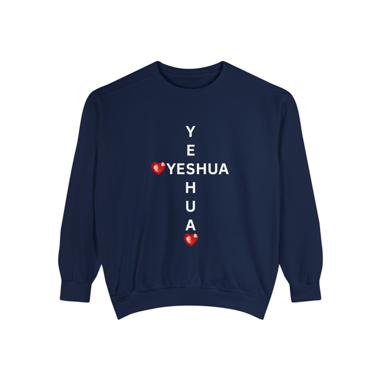 Yeshua Cross Sweatshirt with Red Jewel Hearts – Faith-Inspired Christian Apparel