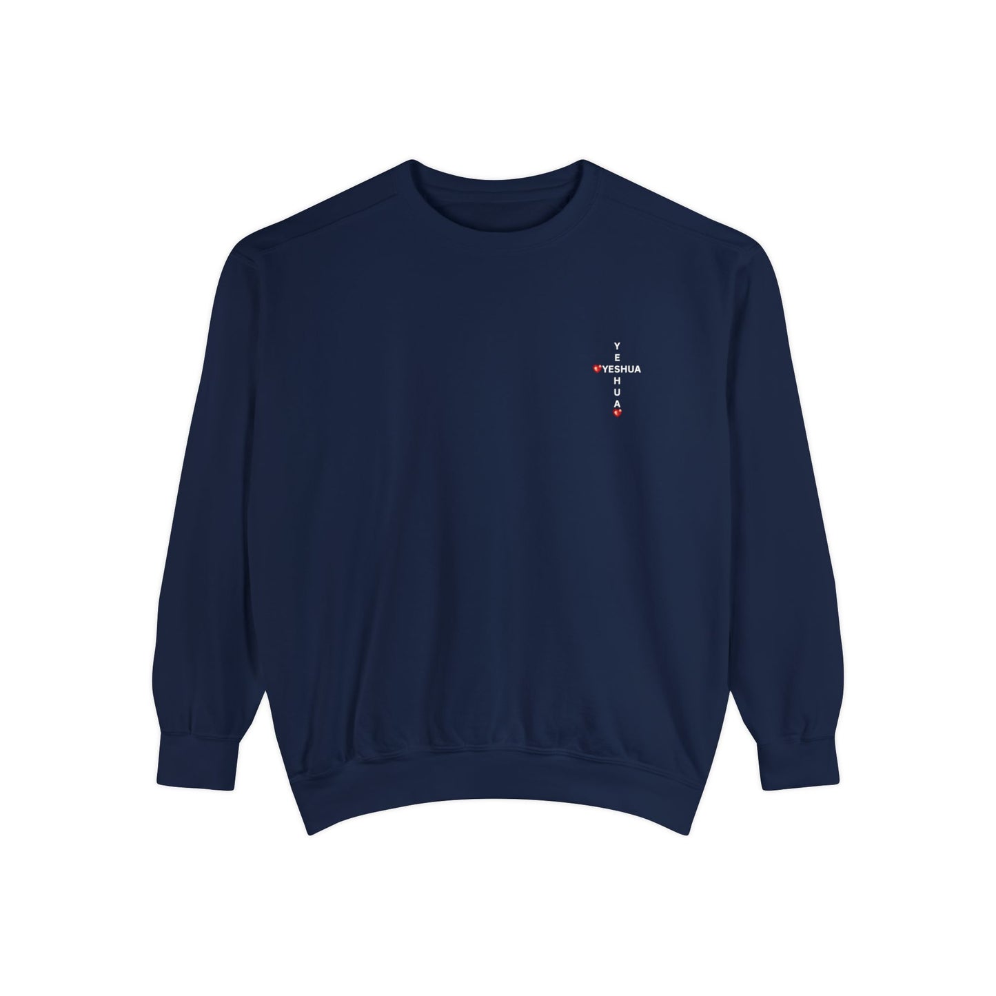 Yeshua Cross Sweatshirt with Red Jewel Hearts – Faith-Inspired Christian Apparel