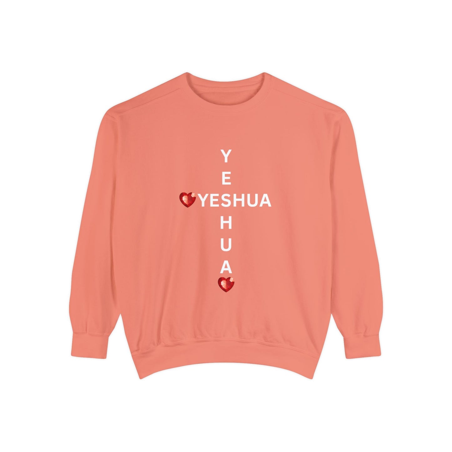 Yeshua Cross Sweatshirt with Red Jewel Hearts – Faith-Inspired Christian Apparel