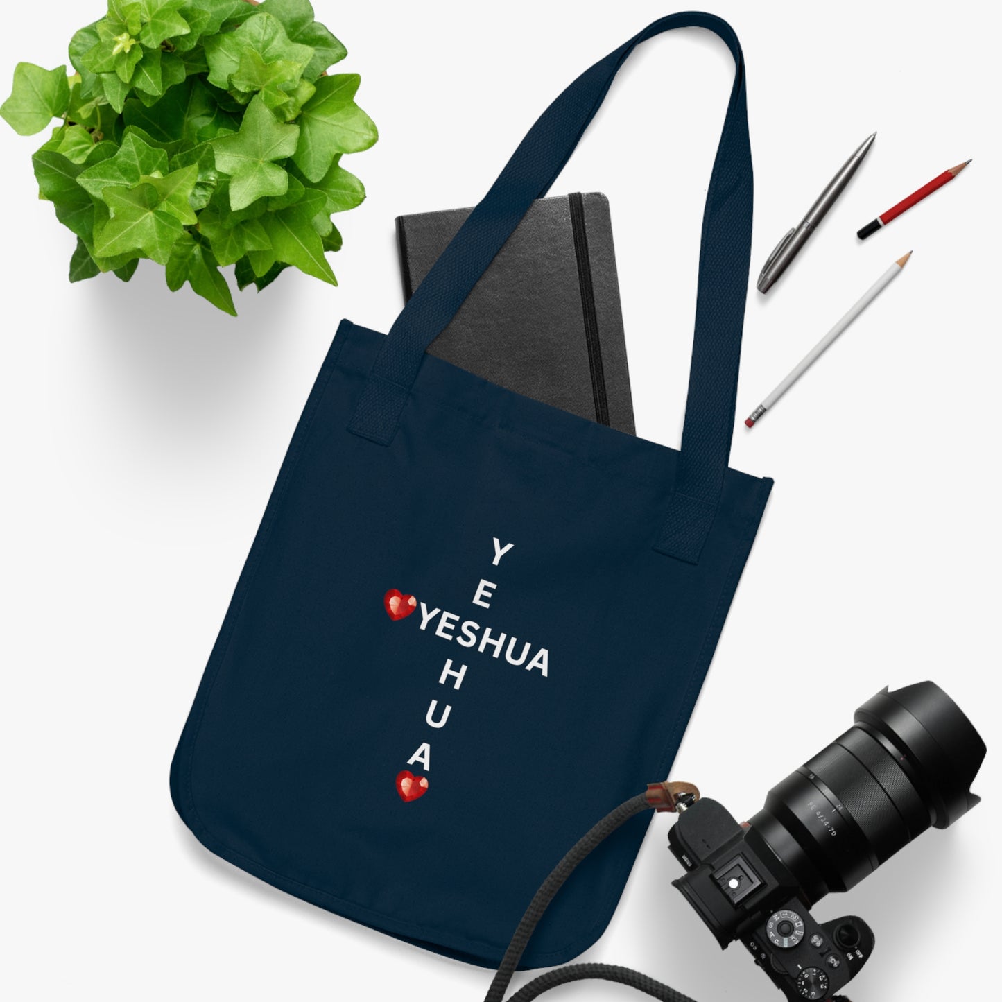 John 4:19 Yeshua Cross with Red Jewel Hearts Canvas Tote Bag