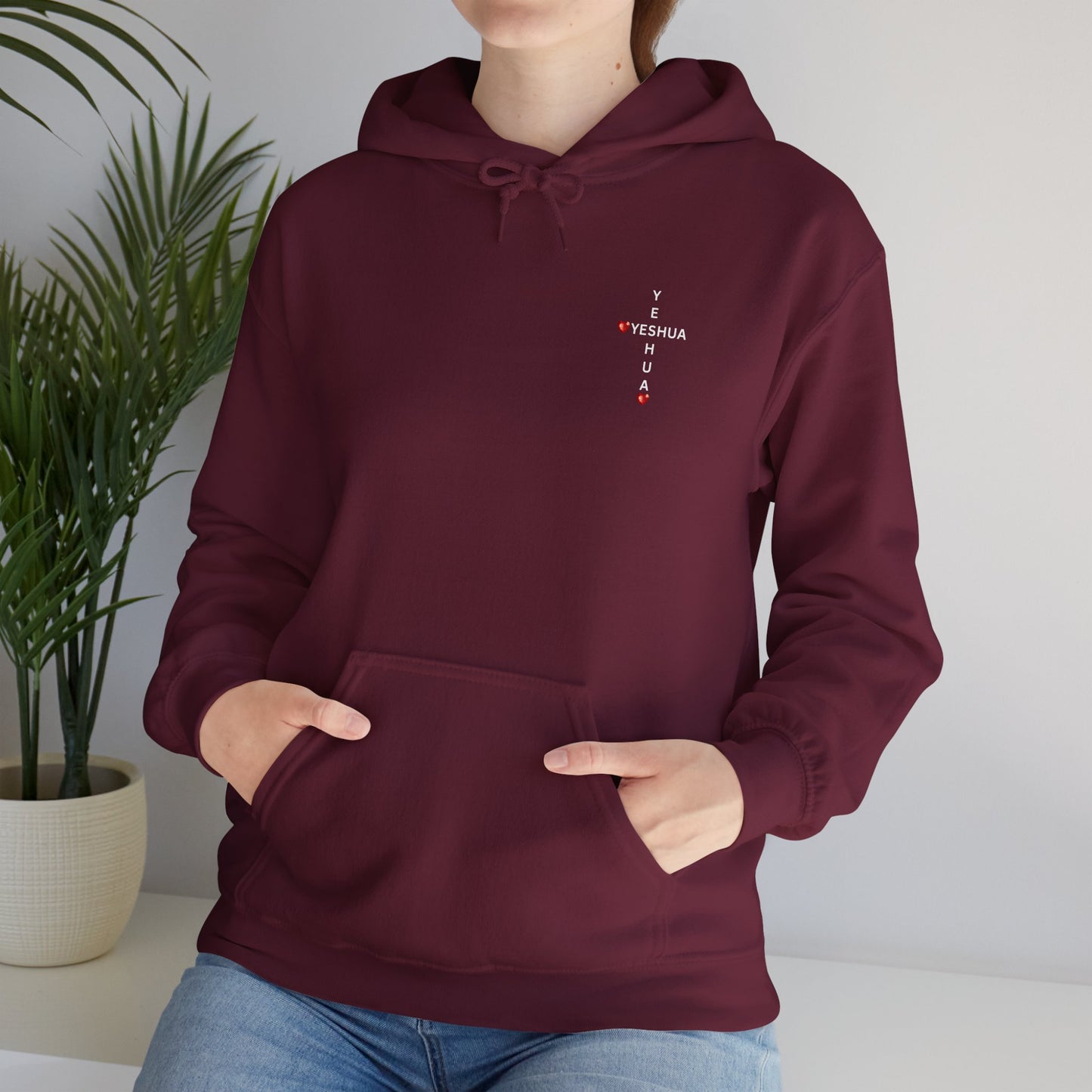 Yeshua Cross Hoodie with Red Jewel Hearts – Christian Faith Hoodie Inspired by Scripture