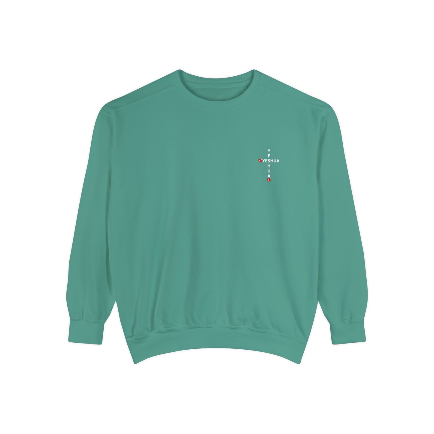 Yeshua Cross Sweatshirt with Red Jewel Hearts – Faith-Inspired Christian Apparel