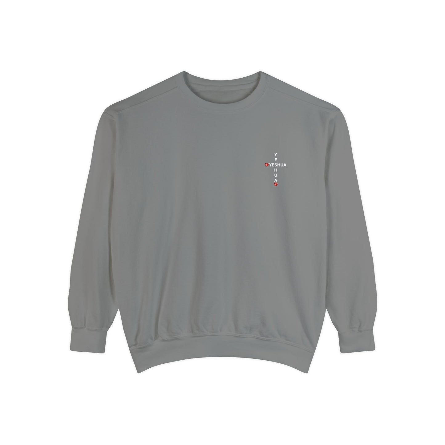 Yeshua Cross Sweatshirt with Red Jewel Hearts – Faith-Inspired Christian Apparel