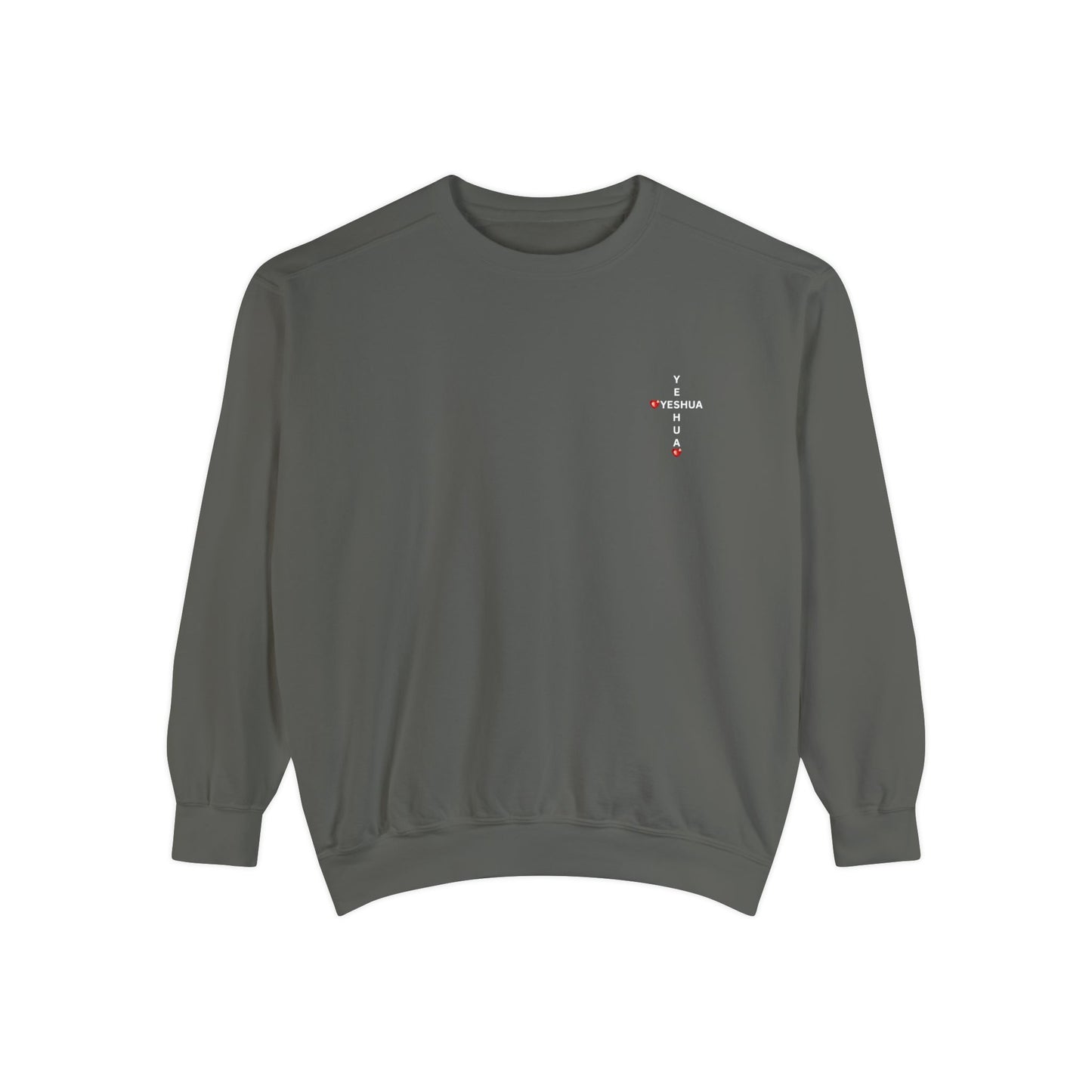 Yeshua Cross Sweatshirt with Red Jewel Hearts – Faith-Inspired Christian Apparel