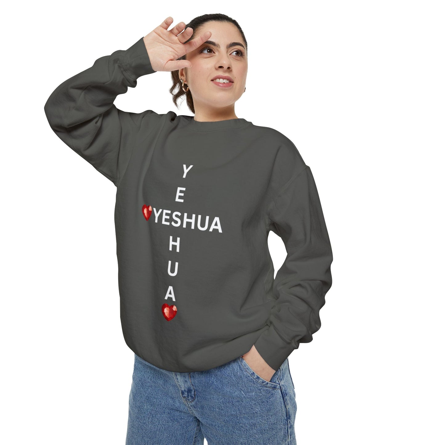 Yeshua Cross Sweatshirt with Red Jewel Hearts – Faith-Inspired Christian Apparel