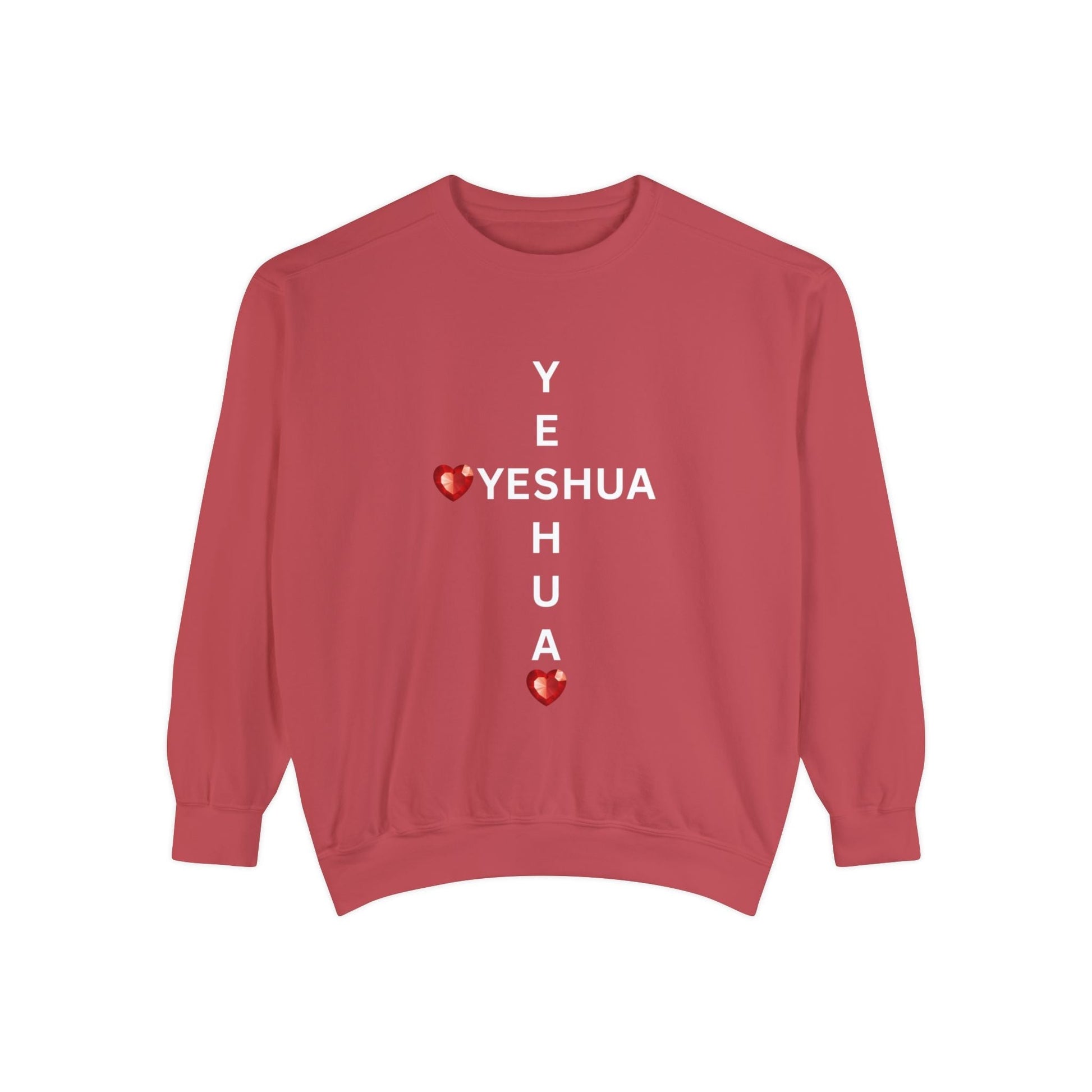 Yeshua Cross Sweatshirt with Red Jewel Hearts – Faith-Inspired Christian Apparel