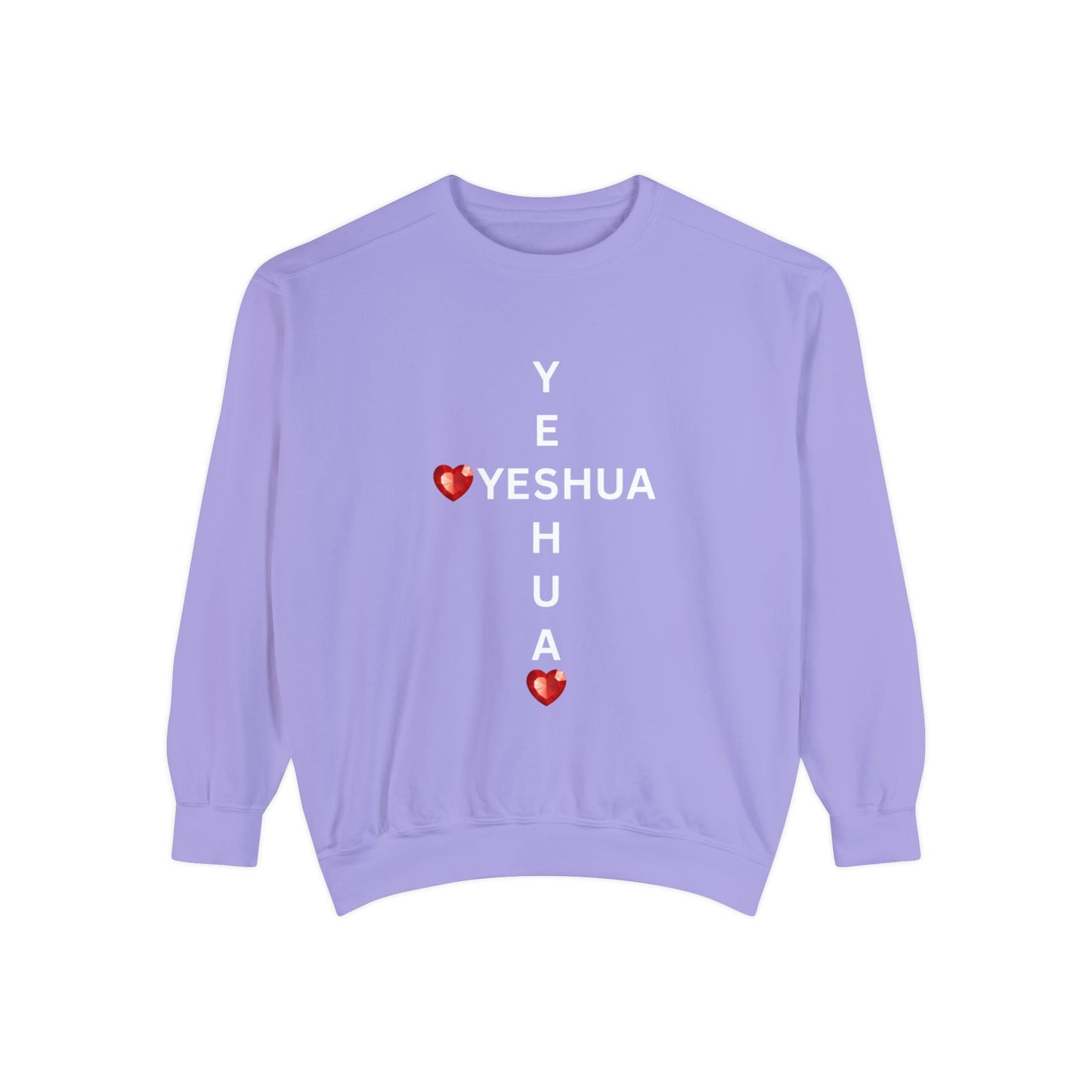 Yeshua Cross Sweatshirt with Red Jewel Hearts – Faith-Inspired Christian Apparel