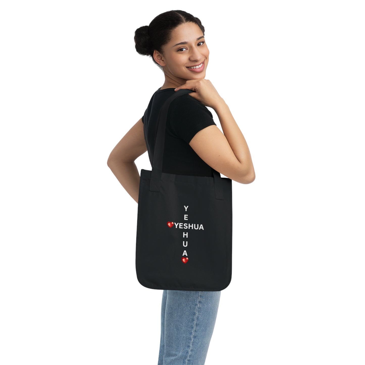 John 4:19 Yeshua Cross with Red Jewel Hearts Canvas Tote Bag