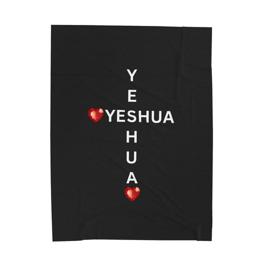 Yeshua Cross Blanket with Red Jewel Hearts – Luxurious Velveteen Throw Inspired by Scripture