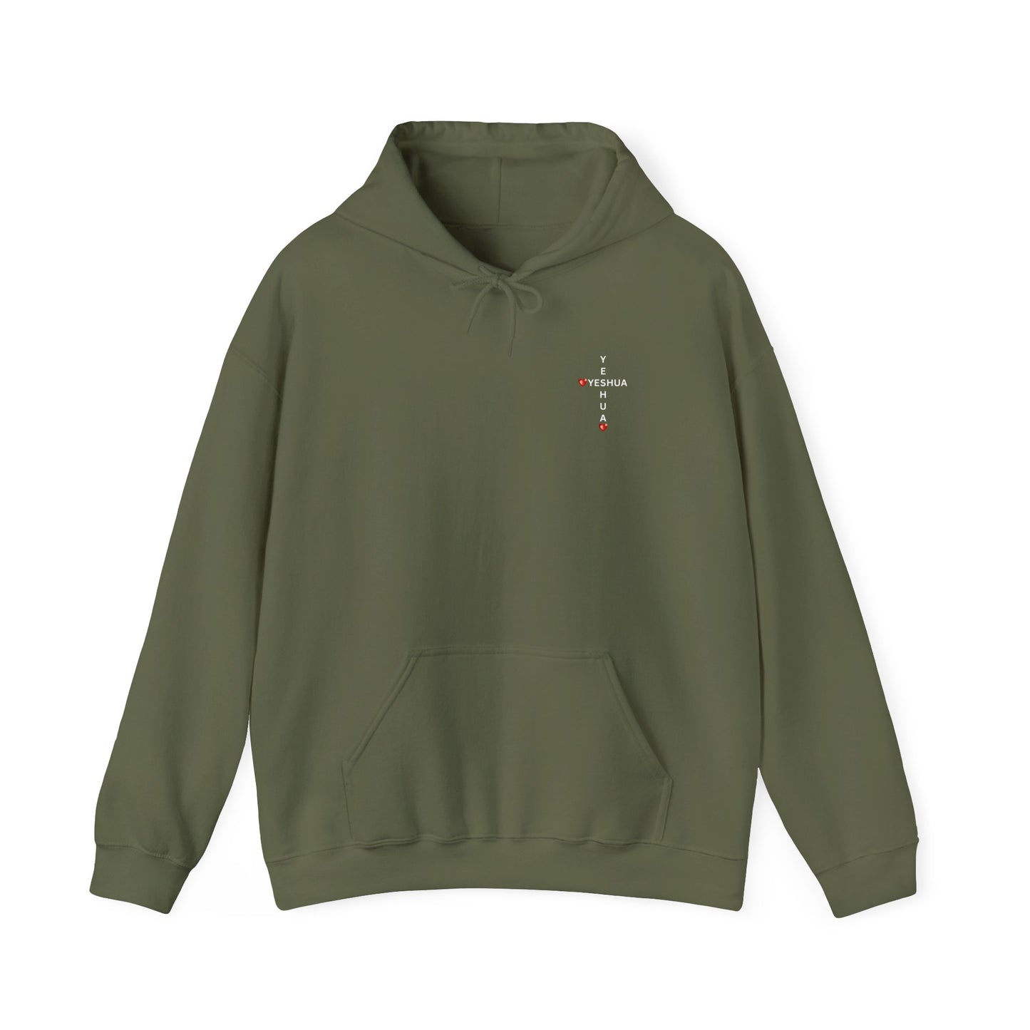 Yeshua Cross Hoodie with Red Jewel Hearts – Christian Faith Hoodie Inspired by Scripture