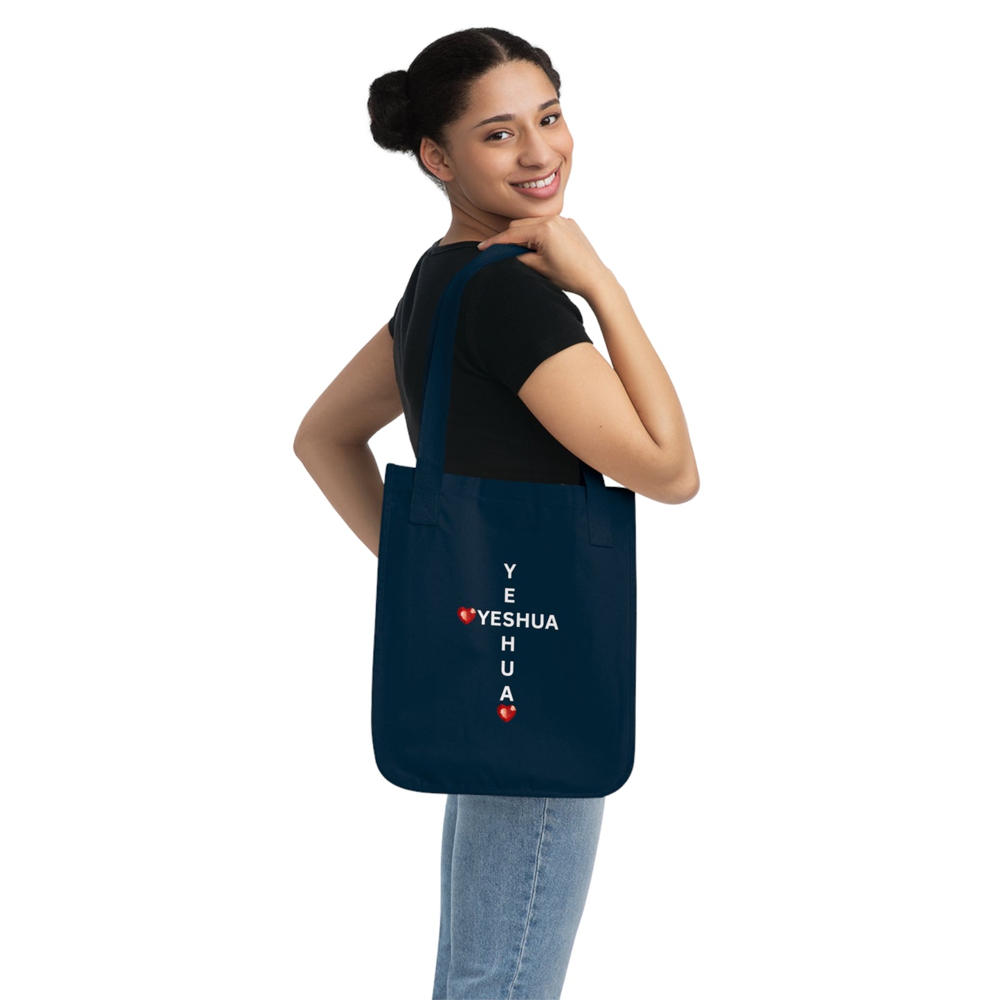 John 4:19 Yeshua Cross with Red Jewel Hearts Canvas Tote Bag