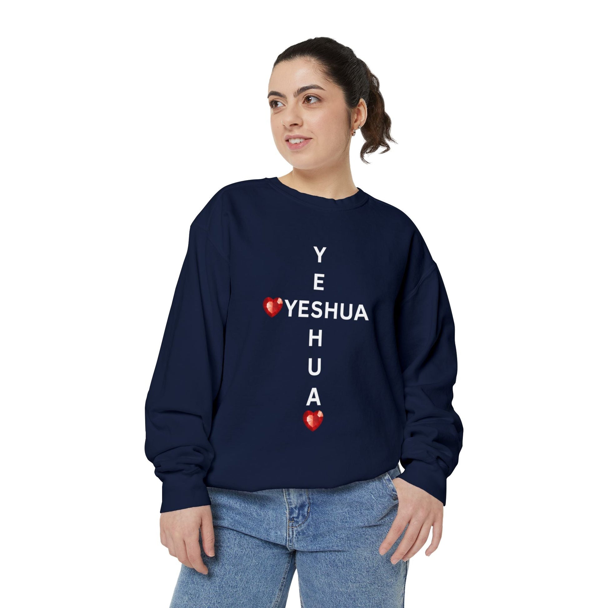 Yeshua Cross Sweatshirt with Red Jewel Hearts – Faith-Inspired Christian Apparel